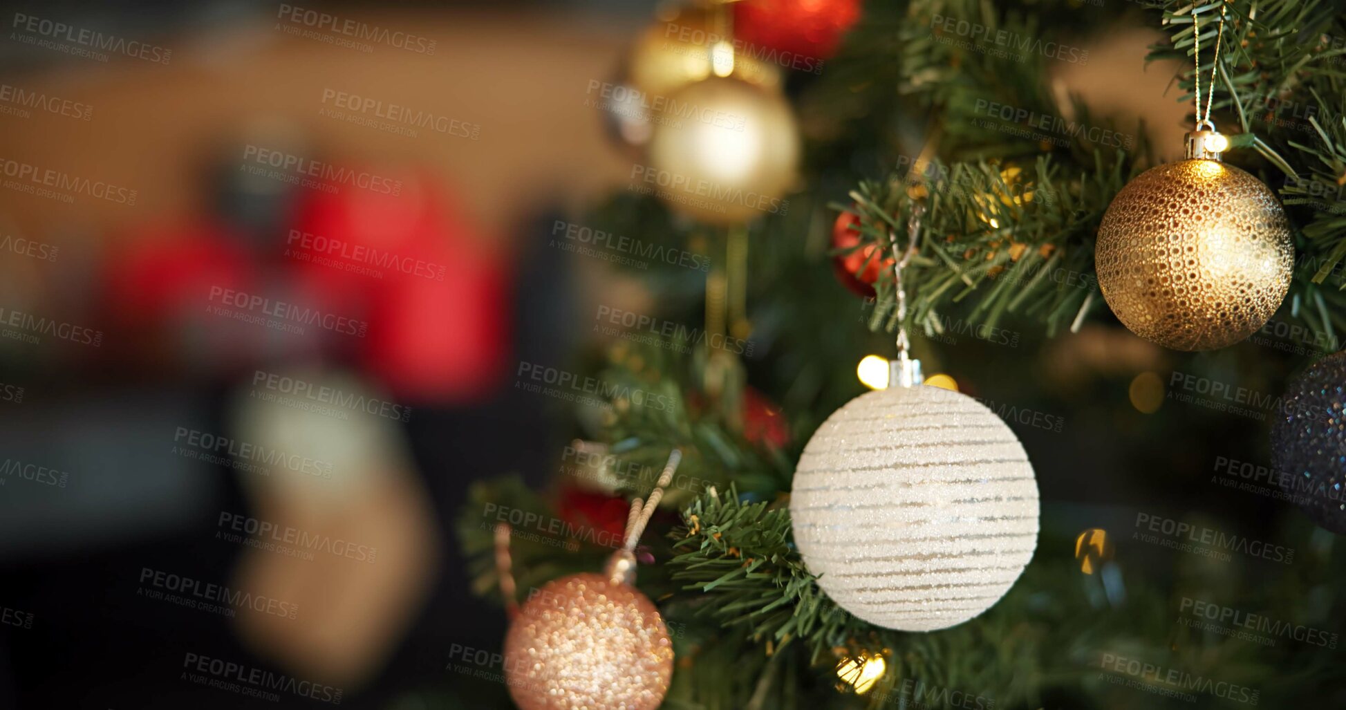 Buy stock photo Background, Christmas and festive with ball on tree in home for celebration, event or tradition. Decoration, holiday and wallpaper with bauble in apartment for aesthetic, vacation or winter season