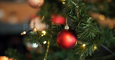 Buy stock photo Background, Christmas and decoration with bauble on tree in home for celebration, event or tradition. Festive, holiday and wallpaper with ball in apartment for aesthetic, December or winter season