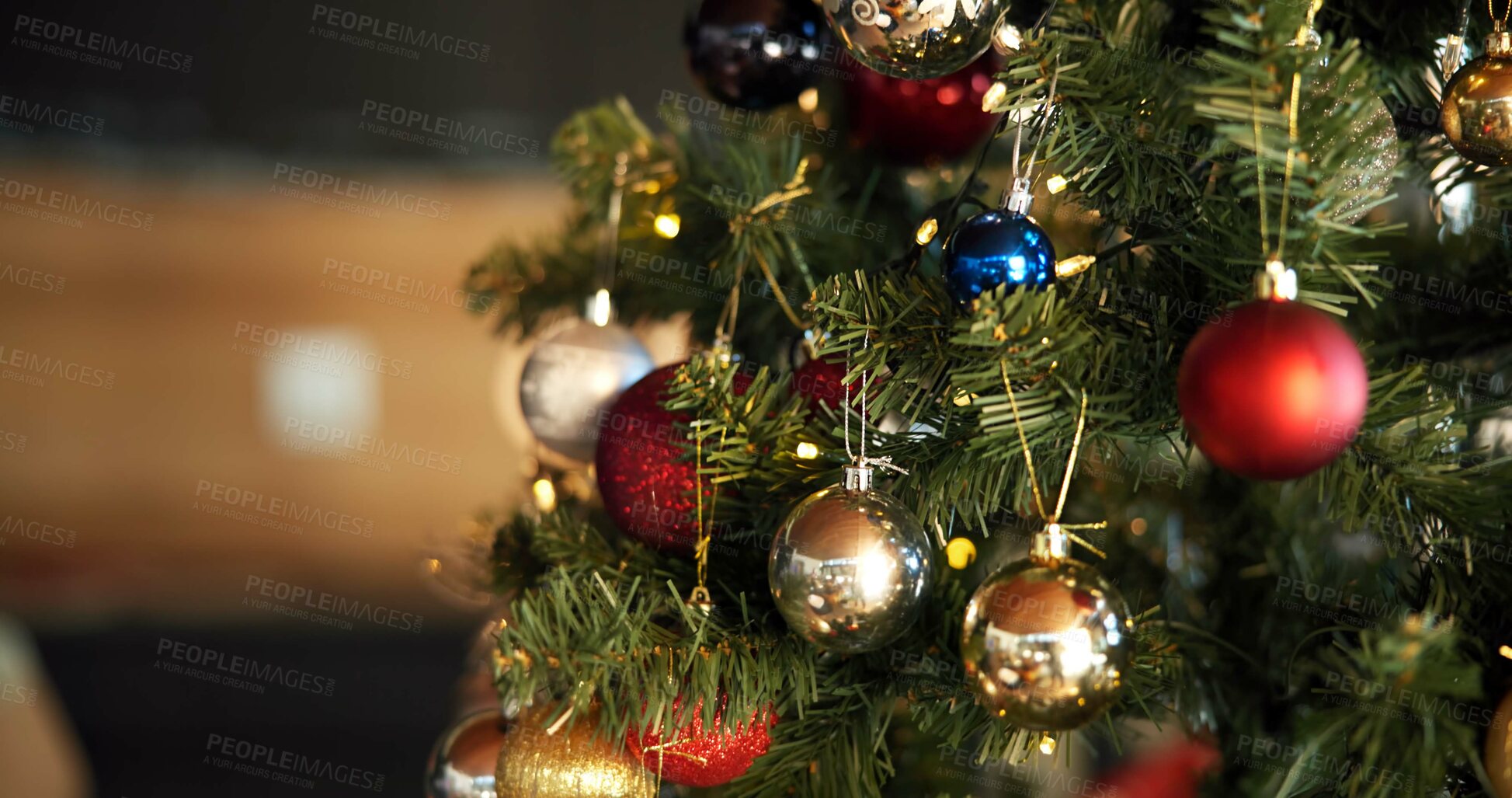 Buy stock photo Christmas, decoration and wallpaper with baubles on tree in home for celebration, event or tradition. Background, festive and holiday with balls in apartment for aesthetic, December or winter season