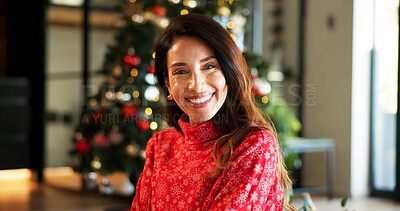 Buy stock photo Portrait, smile and woman with Christmas in home, holiday happiness and festive season in December. Xmas time, positive spirit and excited mature person with winter sweater, vacation and decorations