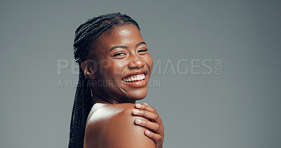 Buy stock photo Portrait, skincare and black woman in studio, smile and dermatology on grey background. Space, shine and African person with wellness, happiness and beauty with cosmetics, healthy skin and aesthetic