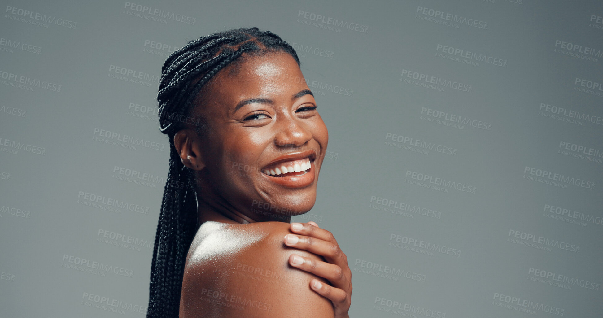 Buy stock photo Portrait, skincare and black woman in studio, smile and dermatology on grey background. Space, shine and African person with wellness, happiness and beauty with cosmetics, healthy skin and aesthetic