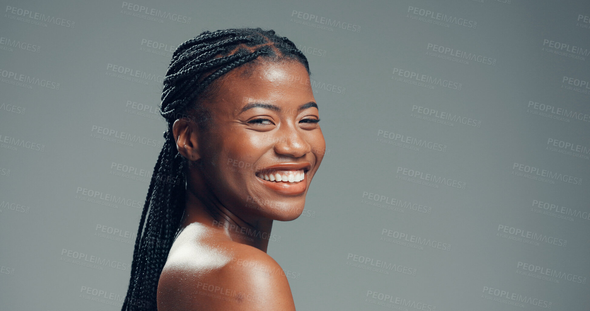 Buy stock photo Portrait, smile and black woman in studio, skincare and dermatology on gray background. Mockup space, shine or African person with wellness, glow and natural beauty with healthy skin and aesthetic