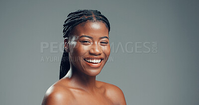 Buy stock photo Portrait, skincare and black woman in studio, cosmetics and dermatology on grey background. Space, shine and African person with wellness, glow and beauty with confidence, healthy skin and aesthetic