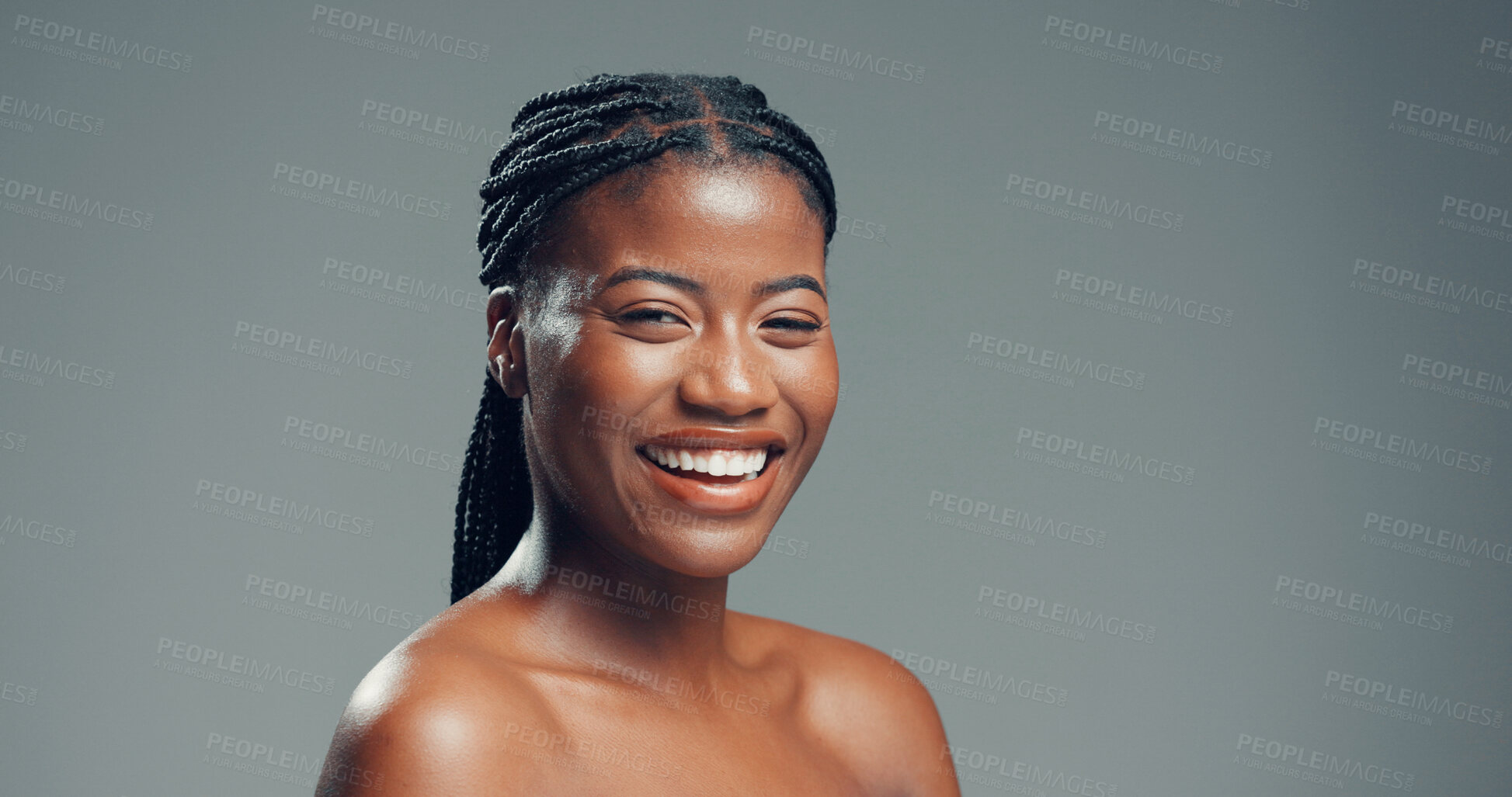 Buy stock photo Portrait, skincare and black woman in studio, cosmetics and dermatology on grey background. Space, shine and African person with wellness, glow and beauty with confidence, healthy skin and aesthetic