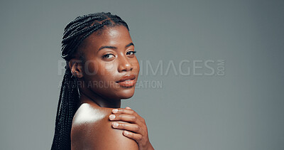 Buy stock photo Portrait, skincare and black woman in studio, beauty and dermatology on gray background. Space, shine and African person with wellness, glow and grooming with cosmetics, healthy skin and confidence