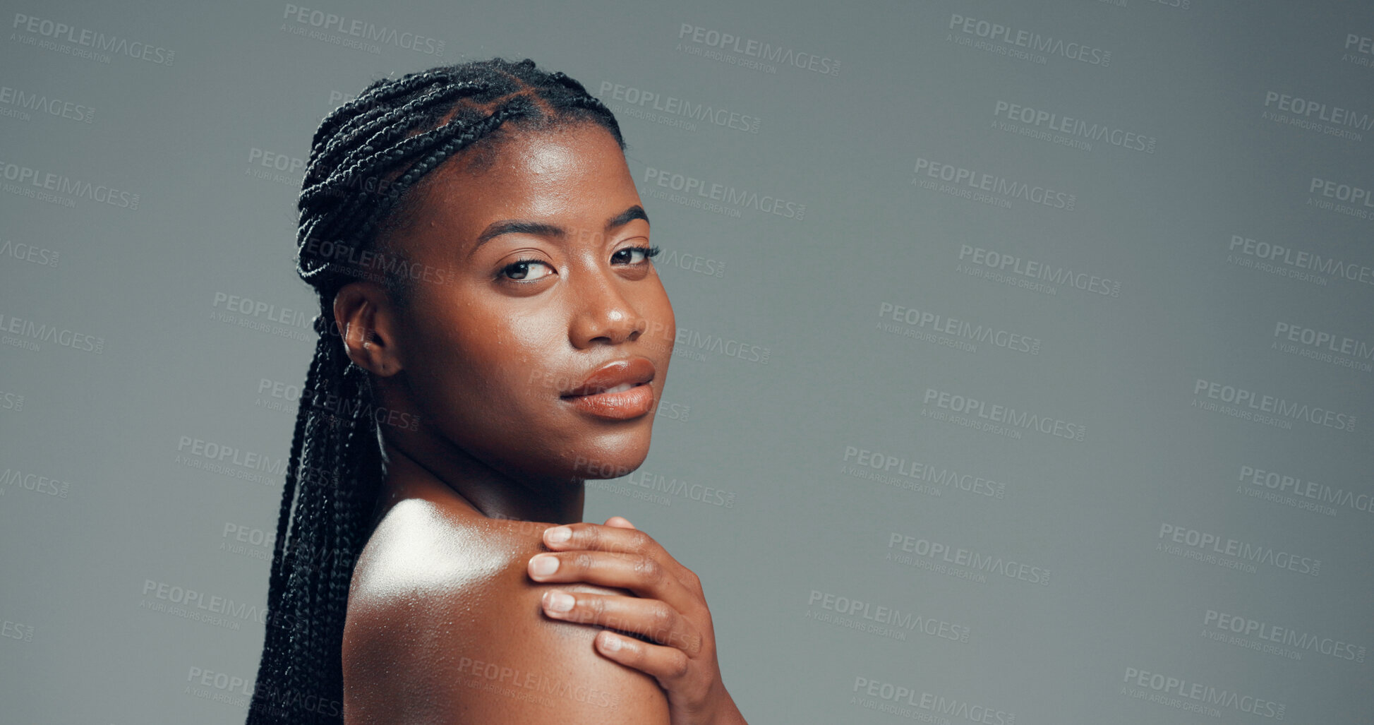 Buy stock photo Portrait, skincare and black woman in studio, beauty and dermatology on gray background. Space, shine and African person with wellness, glow and grooming with cosmetics, healthy skin and confidence