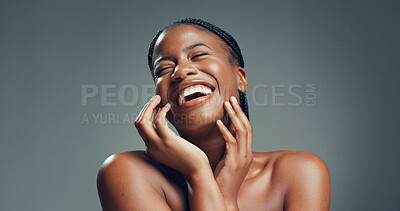 Buy stock photo Beauty, laughing and black woman in studio for skincare, facial shine or soft touch for wellness. Dermatology, natural glow or person with smooth texture, self care or mockup space on gray background