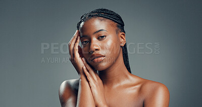 Buy stock photo Portrait, wellness and black woman in studio, beauty and dermatology on gray background. Space, shine and African person with glow, pride and skincare with natural, healthy skin and aesthetic