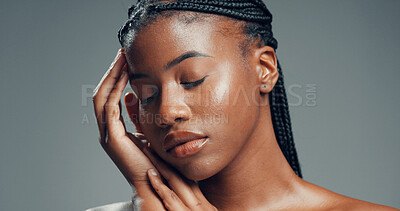 Buy stock photo Beauty, sleeping or black woman in studio for skincare, facial glow or soft texture for wellness. Dermatology, night care or female person with smooth skin, selfcare or space on gray background