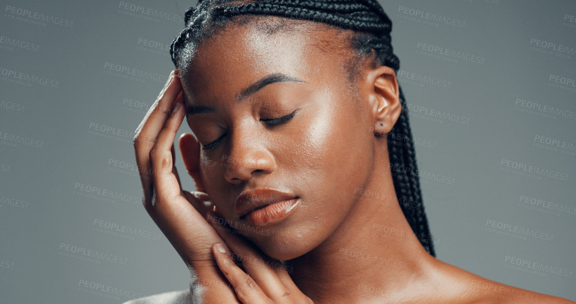 Buy stock photo Beauty, sleeping or black woman in studio for skincare, facial glow or soft texture for wellness. Dermatology, night care or female person with smooth skin, selfcare or space on gray background