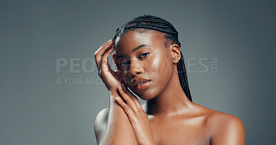 Buy stock photo Portrait, skincare and black woman in studio, beauty and dermatology on grey background. Space, shine and African person with wellness, glow and grooming with cosmetics, natural skin and aesthetic