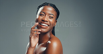 Buy stock photo Portrait, funny and black woman in studio, beauty and dermatology on gray background. Space, shine and African person with smile, skincare and laughing with cosmetics, healthy skin and aesthetic