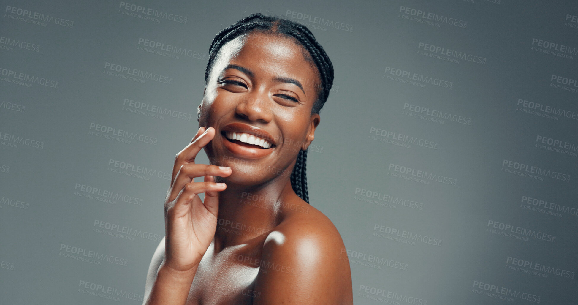 Buy stock photo Portrait, funny and black woman in studio, beauty and dermatology on gray background. Space, shine and African person with smile, skincare and laughing with cosmetics, healthy skin and aesthetic
