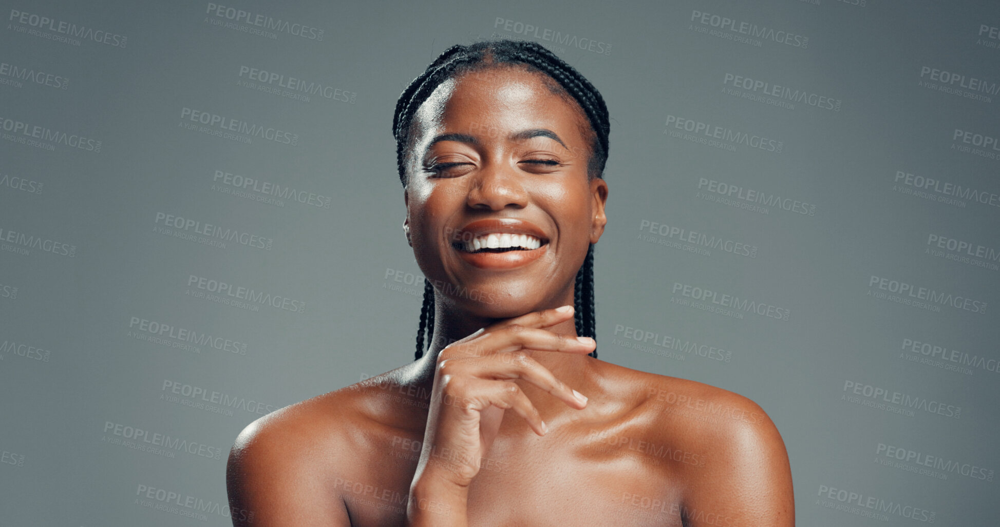 Buy stock photo Beauty, black woman and happy with skincare in studio for healthy skin, natural glow and radiance. Mockup space, person and excited on gray background for collagen treatment results and dermatology