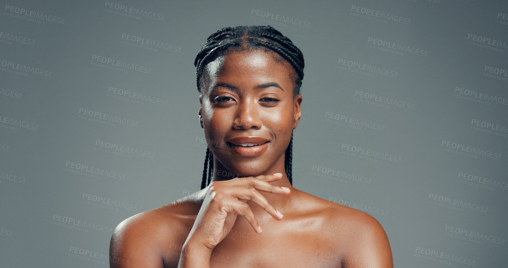 Buy stock photo Beauty, black woman and smile with skincare in studio for healthy skin, natural glow or radiance. Space, girl and portrait on gray background for acne treatment results, self care and wellness
