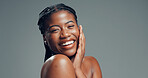 Portrait, skincare and black woman with smile, beauty and dermatology on gray studio background. Space, shine and African person with wellness, glow or aesthetic with cosmetics, healthy skin or funny