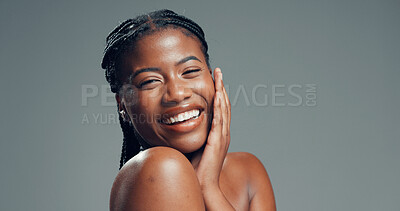 Buy stock photo Portrait, skincare and black woman with smile, beauty and dermatology on gray studio background. Space, shine and African person with wellness, glow or aesthetic with cosmetics, healthy skin or funny