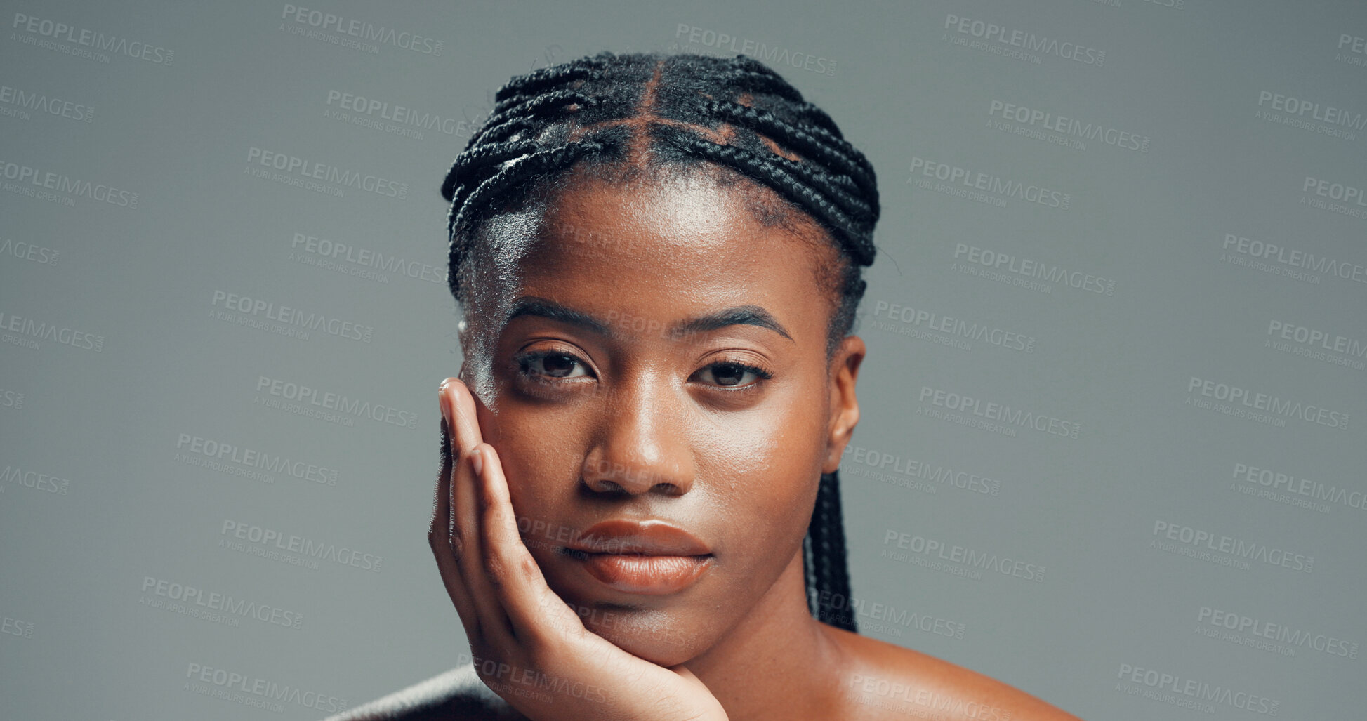 Buy stock photo Natural beauty, black woman and portrait in studio for healthy skin, skincare glow and hydration. Mockup space, dermatology and person on gray background with collagen treatment results and radiance
