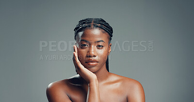 Buy stock photo Natural beauty, black woman and skincare in studio for healthy skin, rejuvenation and hydration. Space, person and glow in portrait on gray background with collagen treatment results and shine