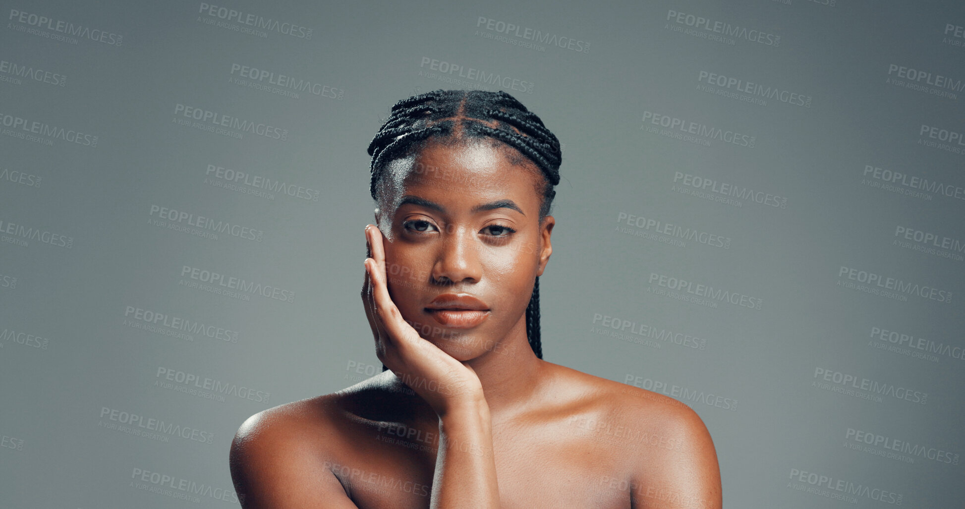 Buy stock photo Natural beauty, black woman and skincare in studio for healthy skin, rejuvenation and hydration. Space, person and glow in portrait on gray background with collagen treatment results and shine