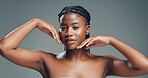 Beauty, portrait or black woman in studio for skincare, facial shine or smooth texture for wellness. Dermatology, natural glow or person with soft touch, self care or mockup space on gray background