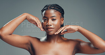 Buy stock photo Beauty, portrait or black woman in studio for skincare, facial shine or smooth texture for wellness. Dermatology, natural glow or person with soft touch, self care or mockup space on gray background