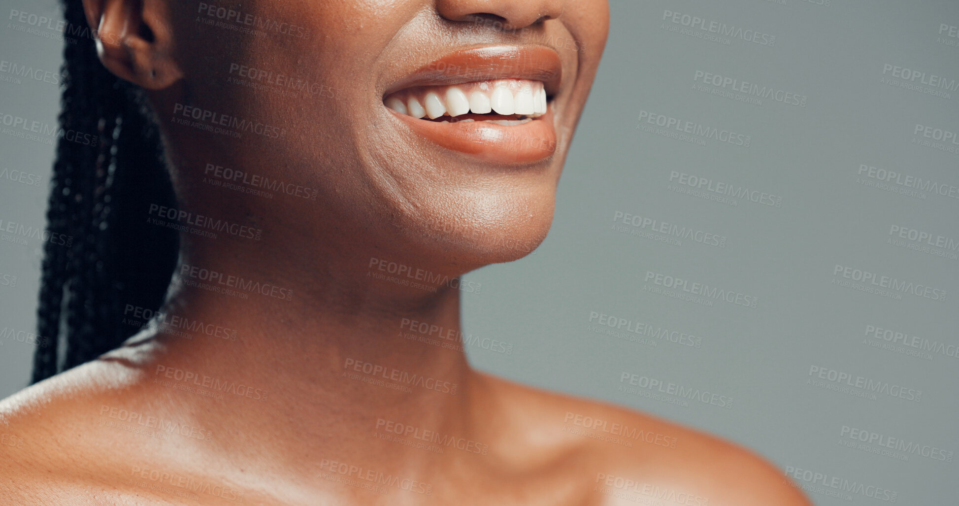 Buy stock photo Dental, space or black woman in studio with smile, mouth or tooth wellness in orthodontics. Happiness, gum care or female person on gray background with hygiene, whitening or dentistry in oral health