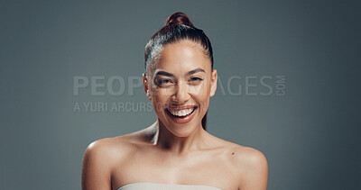 Buy stock photo Portrait, woman and skincare in studio with smile for beauty aesthetic, collagen and retinol benefits. Confident, female person and happiness for dermatology, wellness and space on gray background.