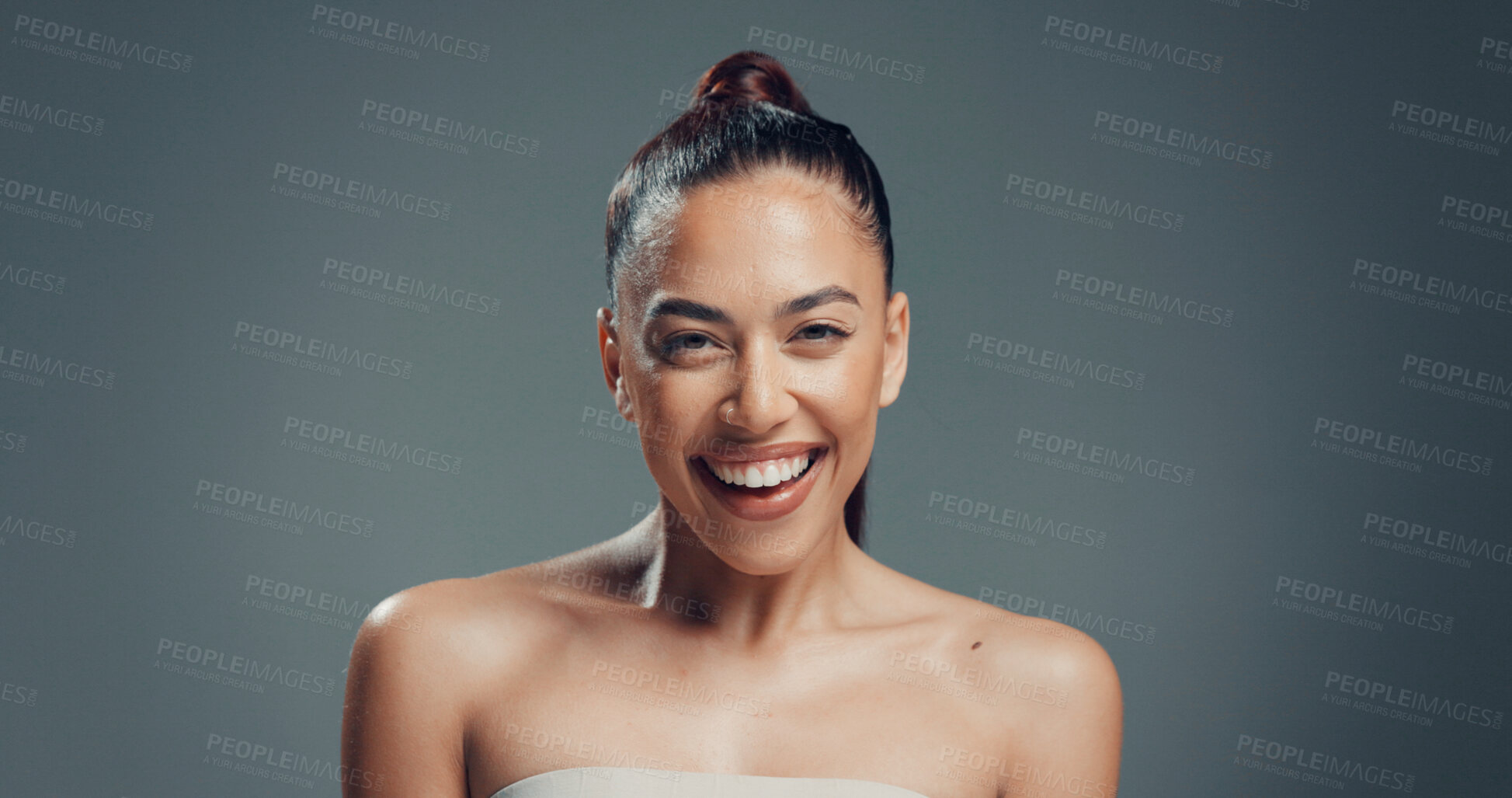 Buy stock photo Portrait, woman and skincare in studio with smile for beauty aesthetic, collagen and retinol benefits. Confident, female person and happiness for dermatology, wellness and space on gray background.