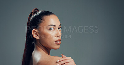 Buy stock photo Shoulder, skincare and portrait of woman in studio for beauty, body care and clear skin. Glow, dermatology and hydration with person on gray background space for shine, aesthetic and collagen