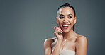 Smile, skincare and mockup with woman in studio for beauty, self care and clear skin. Glow, dermatology and hydration with female person on gray background space for shine, aesthetic and collagen