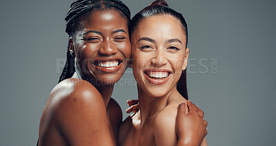 Buy stock photo Skincare, portrait and friends or women in studio for beauty, glow and self care diversity. Shine, dermatology and aesthetic with people on gray background space for clear skin, hydration and support