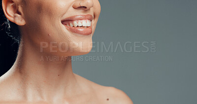 Buy stock photo Dental, space or woman in studio with smile, mouth or tooth wellness in orthodontics. Mockup, happiness or female person on gray background with hygiene, whitening or dentistry in oral health.