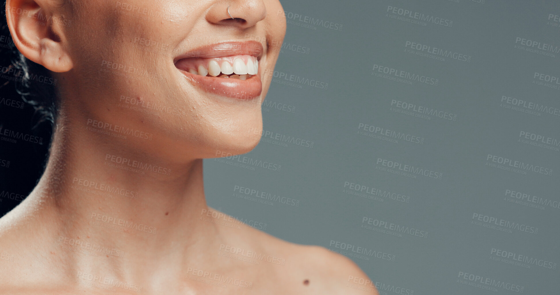 Buy stock photo Dental, space or woman in studio with smile, mouth or tooth wellness in orthodontics. Mockup, happiness or female person on gray background with hygiene, whitening or dentistry in oral health.