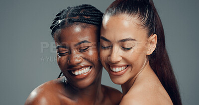 Buy stock photo Skincare, hug and friends or women in studio for beauty, glow and self care diversity. Shine, dermatology and aesthetic with people on gray background space for clear skin, hydration and support
