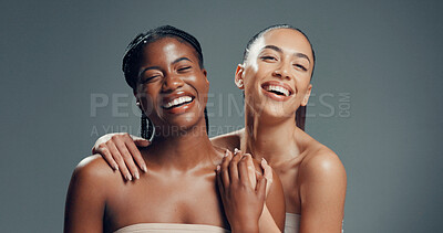 Buy stock photo Skincare, portrait and happy with women in studio for beauty, glow and self care diversity. Shine, dermatology and aesthetic with people on gray background space for clear skin, hydration and support