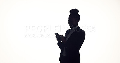 Buy stock photo Texting, silhouette and businesswoman in studio with phone, online communication or feedback on email. Space, digital or employee on white background with tech, networking or message update on app