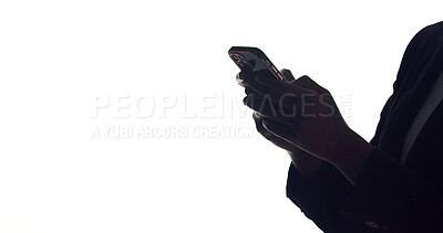 Buy stock photo Hands, business and person with cellphone, internet and communication on white studio background. Mockup space, employee and consultant with smartphone, silhouette and social media with notification