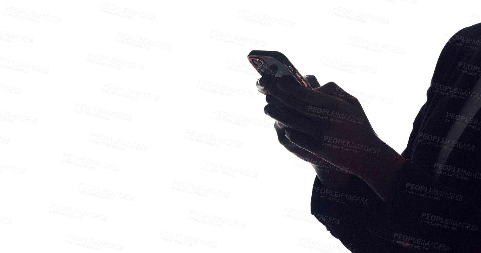 Buy stock photo Hands, business and person with cellphone, internet and communication on white studio background. Mockup space, employee and consultant with smartphone, silhouette and social media with notification