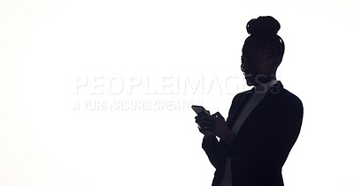 Buy stock photo Typing, silhouette and businesswoman in studio with phone, online communication or feedback on email. Space, digital or employee on white background with tech, networking or message update on app.
