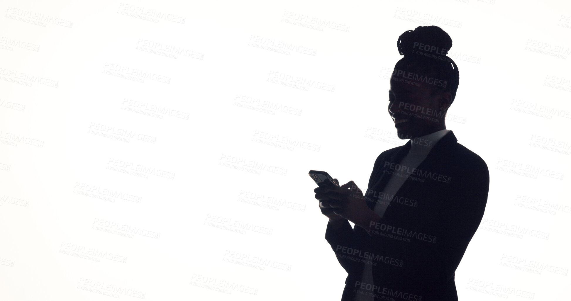 Buy stock photo Typing, silhouette and businesswoman in studio with phone, online communication or feedback on email. Space, digital or employee on white background with tech, networking or message update on app.