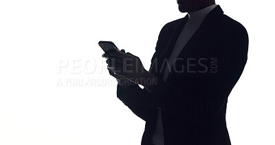 Buy stock photo Hands, phone or business person in studio for message, connectivity or secret contact with space. Shadow, employee or mobile on white background for networking, research or confidential communication