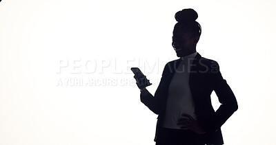 Buy stock photo Happy woman, agent and space with phone for confidential business operation on a white background. Studio, female person or secret spy with mobile smartphone for network connection or app on mockup