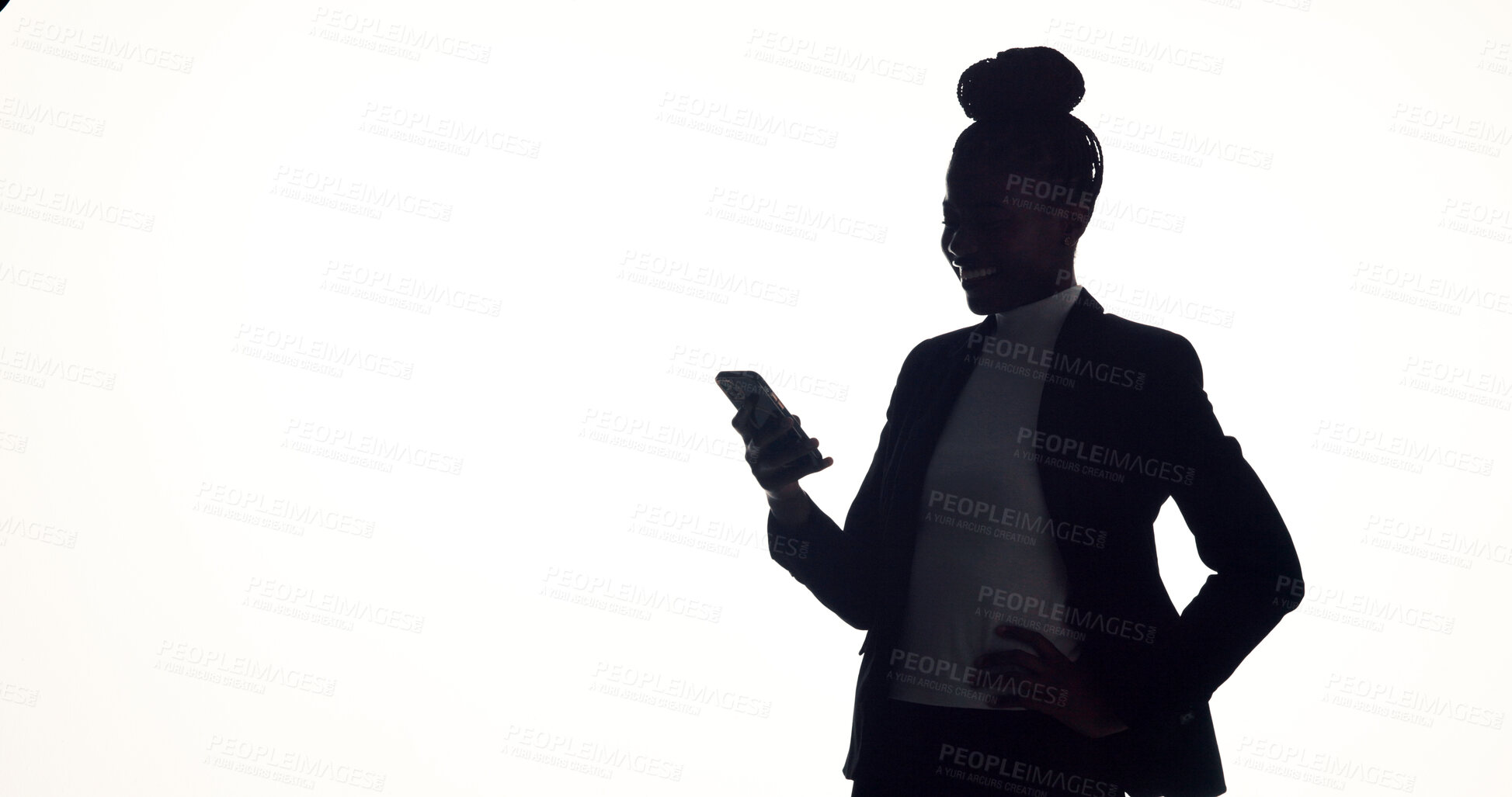 Buy stock photo Happy woman, agent and space with phone for confidential business operation on a white background. Studio, female person or secret spy with mobile smartphone for network connection or app on mockup