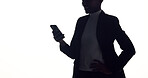 Phone, space and silhouette of businesswoman in studio with networking, communication or email. Technology, shadow and female corporate employee with cellphone for contact on app by white background.