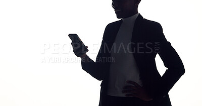 Buy stock photo Phone, space and businesswoman in studio with networking, communication or email on app. Technology, shadow and female corporate employee with cellphone for contact online by white background.
