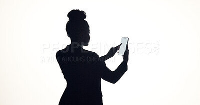 Buy stock photo Woman, back view and UI with phone screen in studio for network or connection on a white background. Female person, model or user with mobile smartphone display for UX or new app on mockup space
