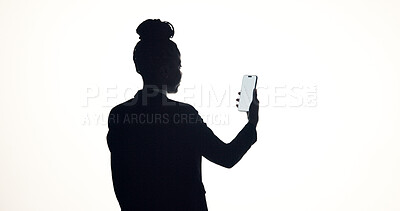 Buy stock photo Phone screen, networking and back of businesswoman in studio with communication or social media. Technology, space and corporate employee with cellphone for email on mobile app by white background.