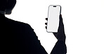 Phone screen, hands and back of businesswoman in studio with communication or social media. Technology, space and corporate employee with cellphone for email on mobile app by white background.